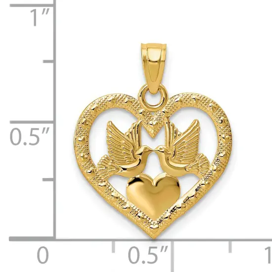 14K Gold Two Doves In Heart Pendant Charm Jewelry 21 x 17 mm {3}