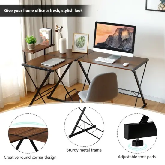 L-Shaped Desk Reversible Corner Computer Desk with Movable Shelf and CPU Stand Walnut {6}