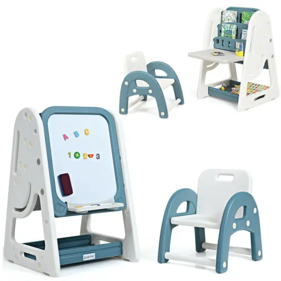 2-in-1 Kids Easel Desk Chair Set Book Rack Adjustable Art Painting Board Gray {7}