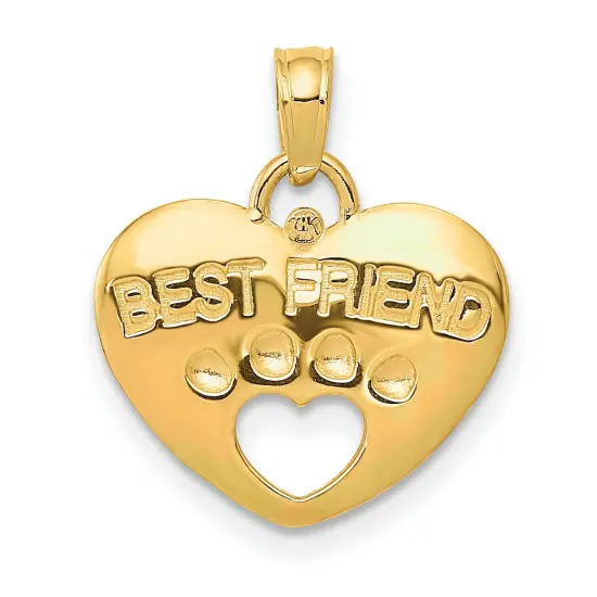 14K Gold Best Friend On Heart With Cut-Out Paw Pendant Charm Jewelry 18 x 15 mm {1}