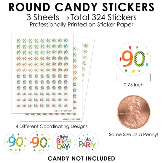 Big Dot of Happiness 90th Birthday - Cheerful Happy Birthday - Colorful Ninetieth Birthday Small Round Candy Stickers - Party Favor Labels - 324 Count {4}