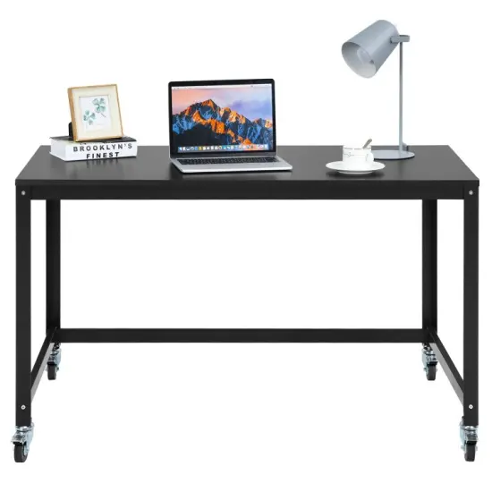 Wood Top Metal Frame Rolling Computer Desk Laptop Table-Black {3}