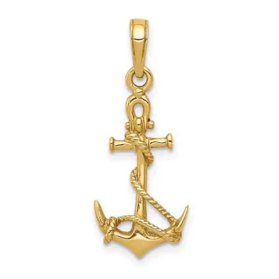 14K Gold 3D Anchor & Rope Charm Ship Sailing Pendant 25 X 11mm Jewerly {1}