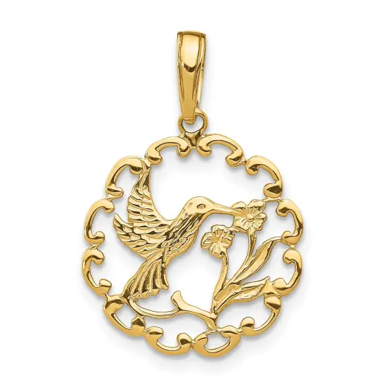 14K Gold Hummingbird Flower In Frame Pendant Charm Jewelry 23 x 16 mm {1}