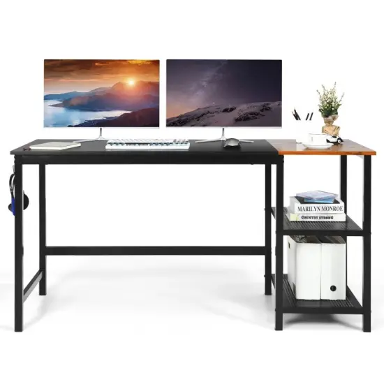 59 Inch Home Office Computer Desk with Removable Storage Shelves and Charging Station Black {4}