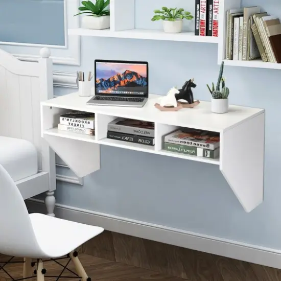 Wall Mounted Floating Sturdy Computer Table with Storage Shelf and Three Compartments Below Desk White {1}