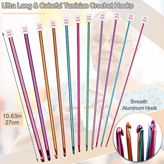 11 Pcs Long Crochet Hook Set,Tunisian Crochet Hooks Multicolor Afghan Crochet Needles for Crocheting, 2mm(B)-8mm(L), Great Knitting & Crochet Supplies Tool Set for Beginner, Crocheter & Knitter {1}