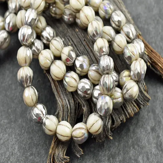 *20* 8mm Silver Washed Ivory AB Faceted Round Melon Beads {2}