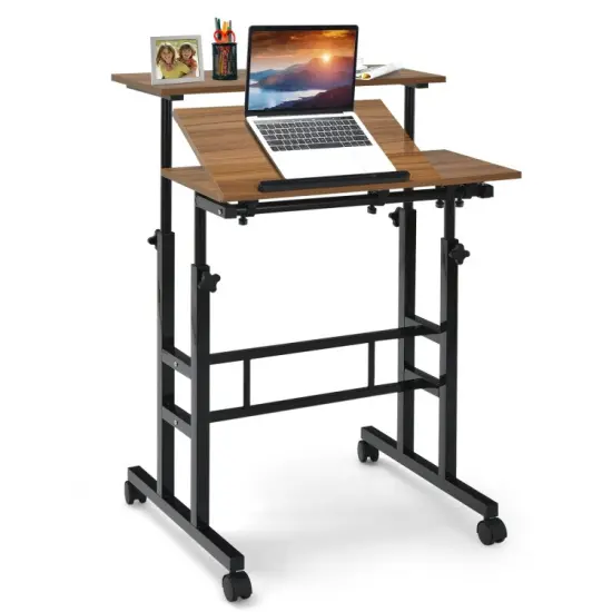 Height Adjustable Computer Desk with 2 Tilting Workstation and 4 Smooth Rolling Lockable Casters Walnut {7}