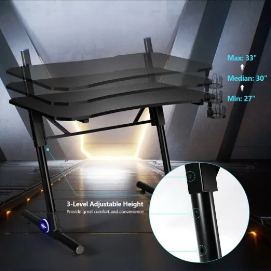43.5 Inch Height Adjustable Gaming Desk with Blue LED Lights {3}