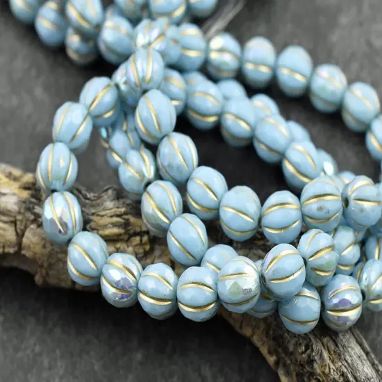 *20* 8mm Gold Washed Sky Blue AB Faceted Round Melon Beads {3}