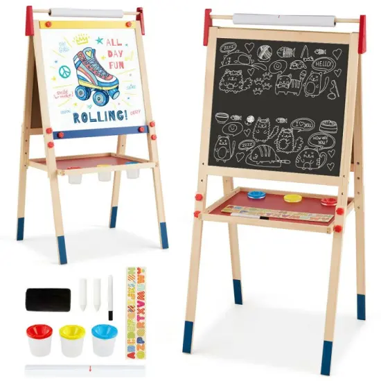 Multi-Color All-in-One Wooden Height Adjustable Kid's Art Easel {1}