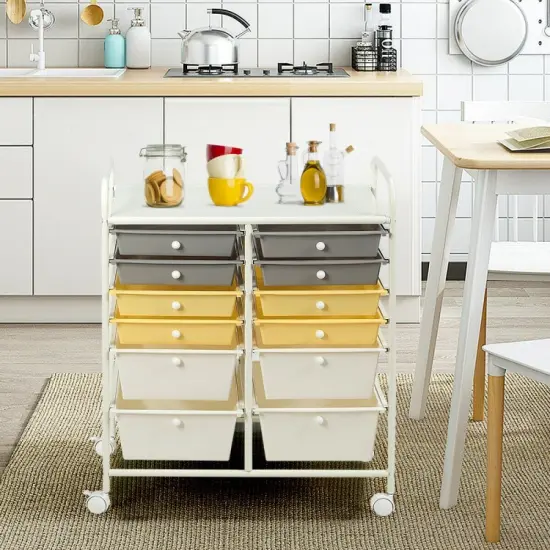 Mobile 12-Drawer Storage Organizer Cart with Ventilated Top Locking Wheels and Sturdy Frame Yellow {6}