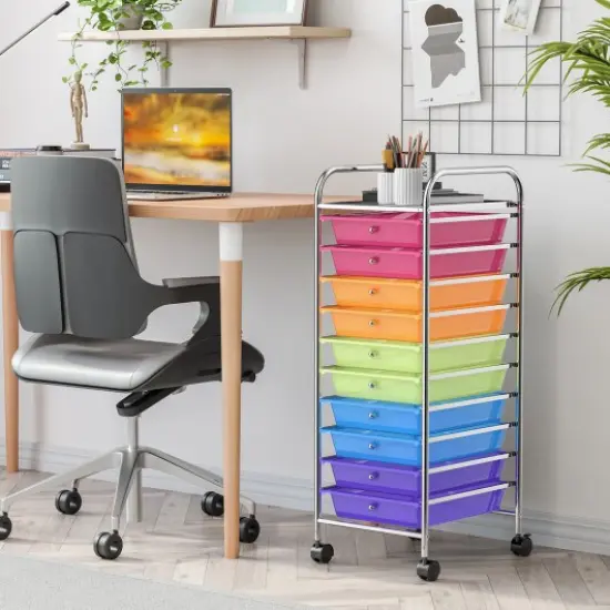 10-Drawer Rolling Storage Cart with Lockable Wheels and Steel Frame for Home or Office Use Clear Multicolor {2}