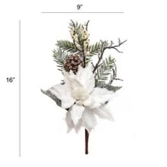 Set of 12: Iced White Poinsettia Pine Pick with Lifelike Twigs, Berries, & Pine Cones | 16" Long | Winter Accents | Seasonal Decor | Decorative Picks | Home & Office Decor {4}