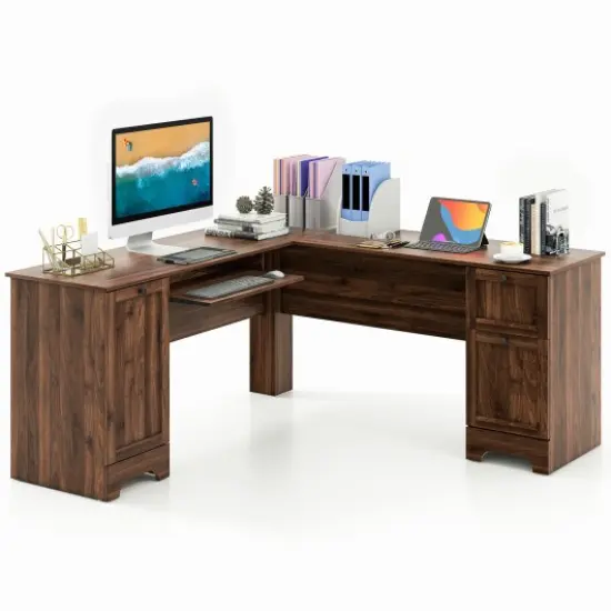 L-Shaped Office Desk with Storage Drawers and Keyboard Tray Walnut {3}