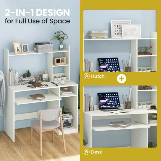2-in-1 Computer Desk with Open Storage Shelves and Keyboard CPU Stand White {6}