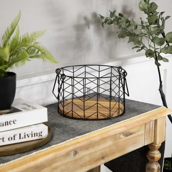 Northlight Round Iron Nesting Baskets with Natural Wood Base - 14" - Set of 3 Black {4}