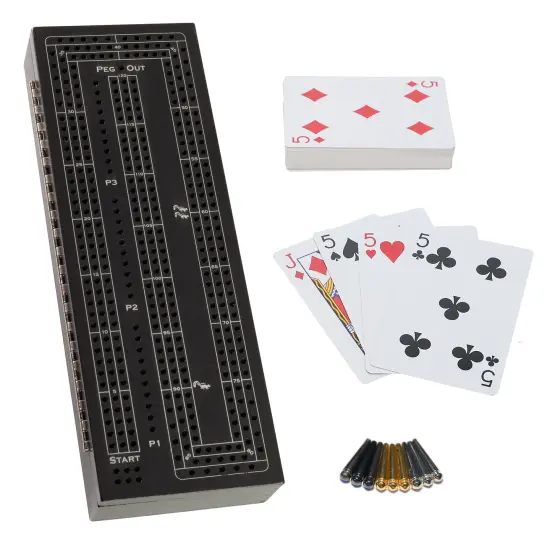 WE Games 3 Player Wooden Cribbage Set - Easy Grip Pegs and 2 Decks of Cards Inside of Board {8}