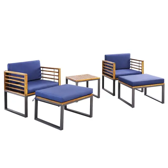 5 Piece Patio Acacia Wood Chair Set with Ottomans and Coffee Table-Navy {3}