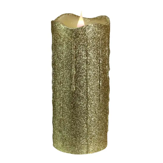 Melrose 7" Battery operated Gold Glittered Flameless LED Christmas Pillar Candle with Moving Flame {1}