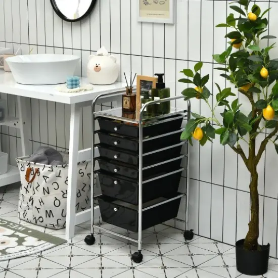 Multi-functional 6 Drawers Rolling Storage Cart Organizer with Four Movable Casters Black {2}