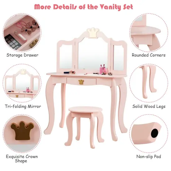 Kids Makeup Dressing Table with Tri-folding Mirror and Stool Pink {5}