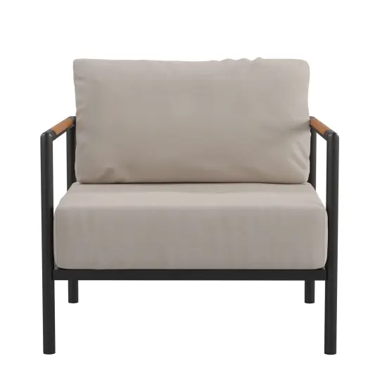 Merrick Lane Eastport Outdoor Accent Chair with Removable Plush Fabric Cushions and Teak Accented Aluminum Frame Light Gray {3}