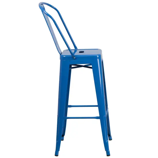 Emma and Oliver Commercial Grade 4 Pack 30" High Metal Indoor-Outdoor Barstool with Back Blue {4}