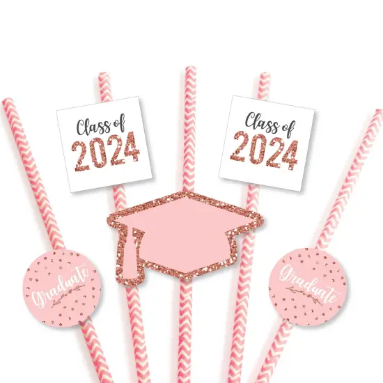 Big Dot of Happiness Rose Gold Grad - Paper Straw Decor - 2025 Graduation Party Striped Decorative Straws - Set of 24 {7}