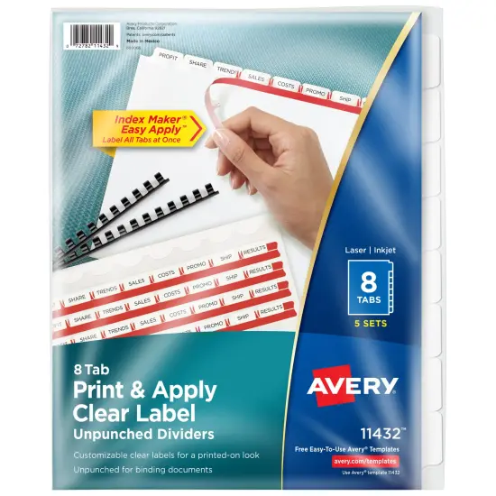 Avery 8 Tab Unpunched Dividers for Use with Any Binding System, Easy Print & Apply Clear Label Strip, Index Maker Customizable White Tabs, 5 Sets (11432) {1}