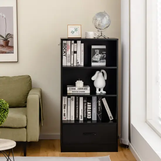 48 Inch Tall 4 Tiers Wood Bookcase with Drawer-Black {2}