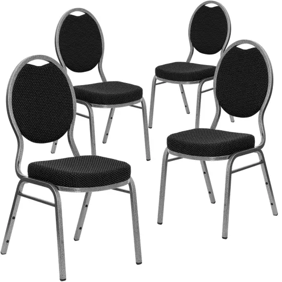 Emma and Oliver 4 Pack Teardrop Back Stacking Banquet Chair BlackFab/SilverVein {1}