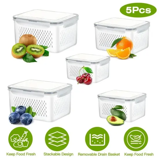 5-Pieces Fruit Vegetable Food Storage Containers For Fridge With Lids & Colander {5}