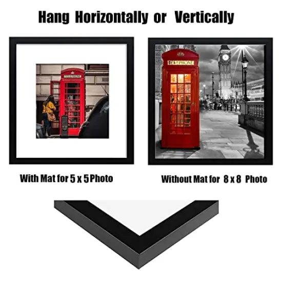 8x8 Picture Frame Set of 6, Display Pictures 5x5 with Mat or 8x8 Without Mat for Wall Mounting or Table Top Display,Black {6}