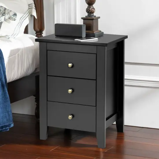 Modern Nightstand End Beside Table with 3 Storage Drawers and Open Platform Black {3}