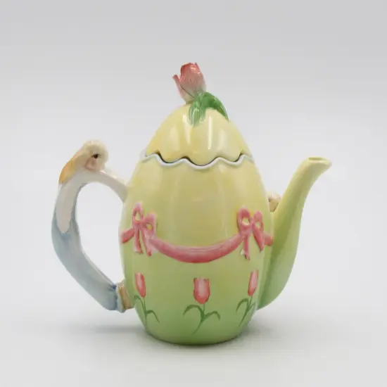 Ceramic Easter Rabbits Around Egg Shaped Teapot, Gift for Her, Gift for Mom, Tea Party D&eacute;cor, Caf&eacute; D&eacute;cor, Spring Decor, Farmhouse Decor {3}