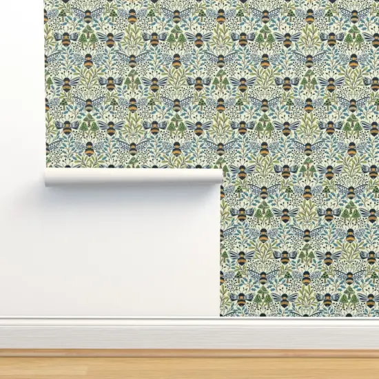 Peel & Stick Wallpaper 2FT Wide Mushroom Botanical Bumblebee Pollinator Medium Scale Blue Green Gold Custom Removable Wallpaper by Spoonflower {2}