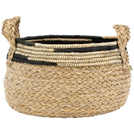 Northlight Set of 3 Khaki and Black Braid Weave Seagrass Storage Baskets with Handles 13.75" Brown {5}