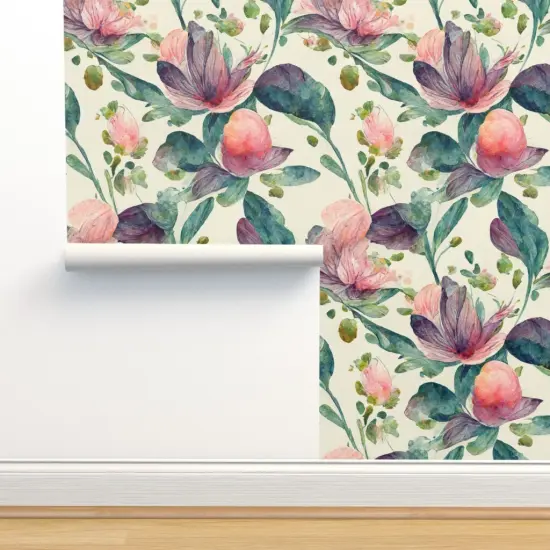 Pre-Pasted Wallpaper 2FT Wide Boho Watercolor Floral Botanical Leaves Large Scale Rose Romantic Flowers Custom Pre-pasted Wallpaper by Spoonflower {2}