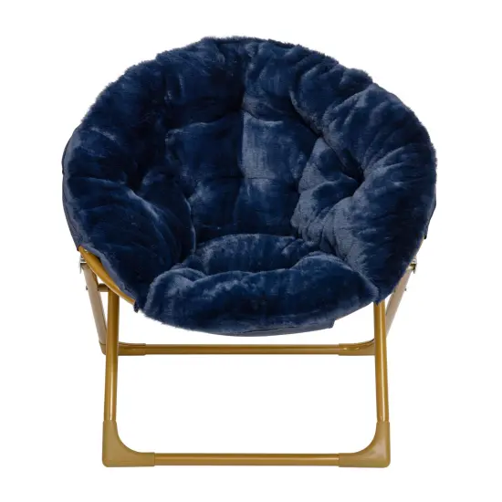 Emma and Oliver Io Kid's Folding Saucer Chair with Cozy Faux Fur Upholstery and Metal Frame for Playroom, Bedrooms, Nursery and More NavyFauxFur/SoftGold {3}