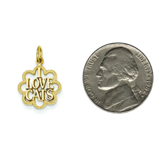 14K Yellow Gold I Love Cats Charm Kitty Cat Pendant Jewerly 22mm x 14mm {2}