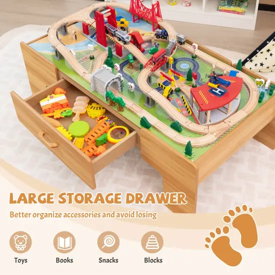 Kids Double-Sided Wooden Train Table Playset with Storage Drawer {3}