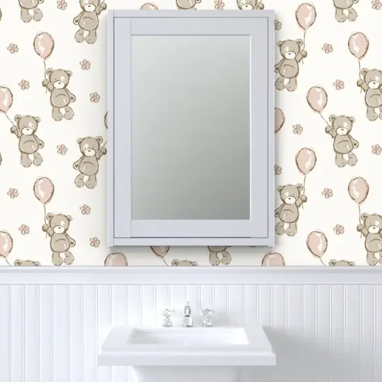 Pre-Pasted Wallpaper 2FT Wide Teddy Bear Pink Balloons Shower Small Scale Custom Pre-pasted Wallpaper by Spoonflower {6}