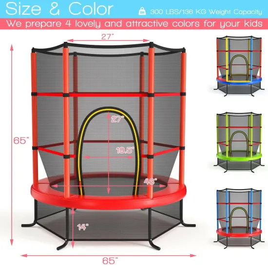 55 Inch Kids Recreational Trampoline Bouncing Jumping Mat with Enclosure Net Red {5}