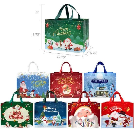 Wrapables Non-Woven Reusable Christmas Holidays Gift Bags with Handles for Gift Wrap, Parties, Favors and Treats (Set of 8), Happy Santa {2}