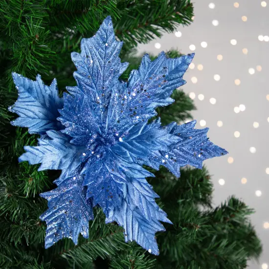 Northlight 24" Glittered Blue Poinsettia Christmas Stem Spray {3}