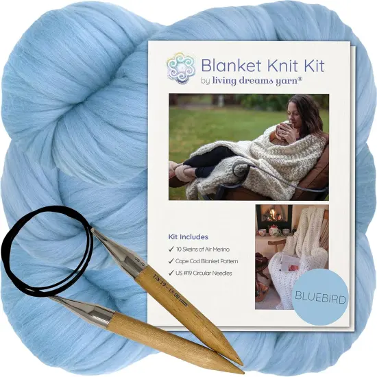 DIY Merino Wool Blanket Knitting Kit: Soft and Thick #7 Weight Jumbo Yarn, Knitting Needles and Pattern. Soft, Cozy, Great for Gifts Bluebird {1}