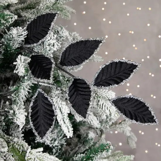 Northlight 26" Black and Silver Sequin Leaves Christmas Spray {4}