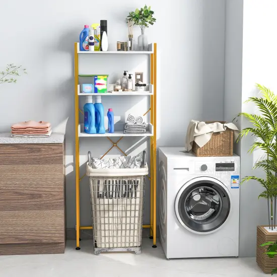 Over The Toilet Storage Rack With Hooks And Adjustable Bottom Bar White {2}